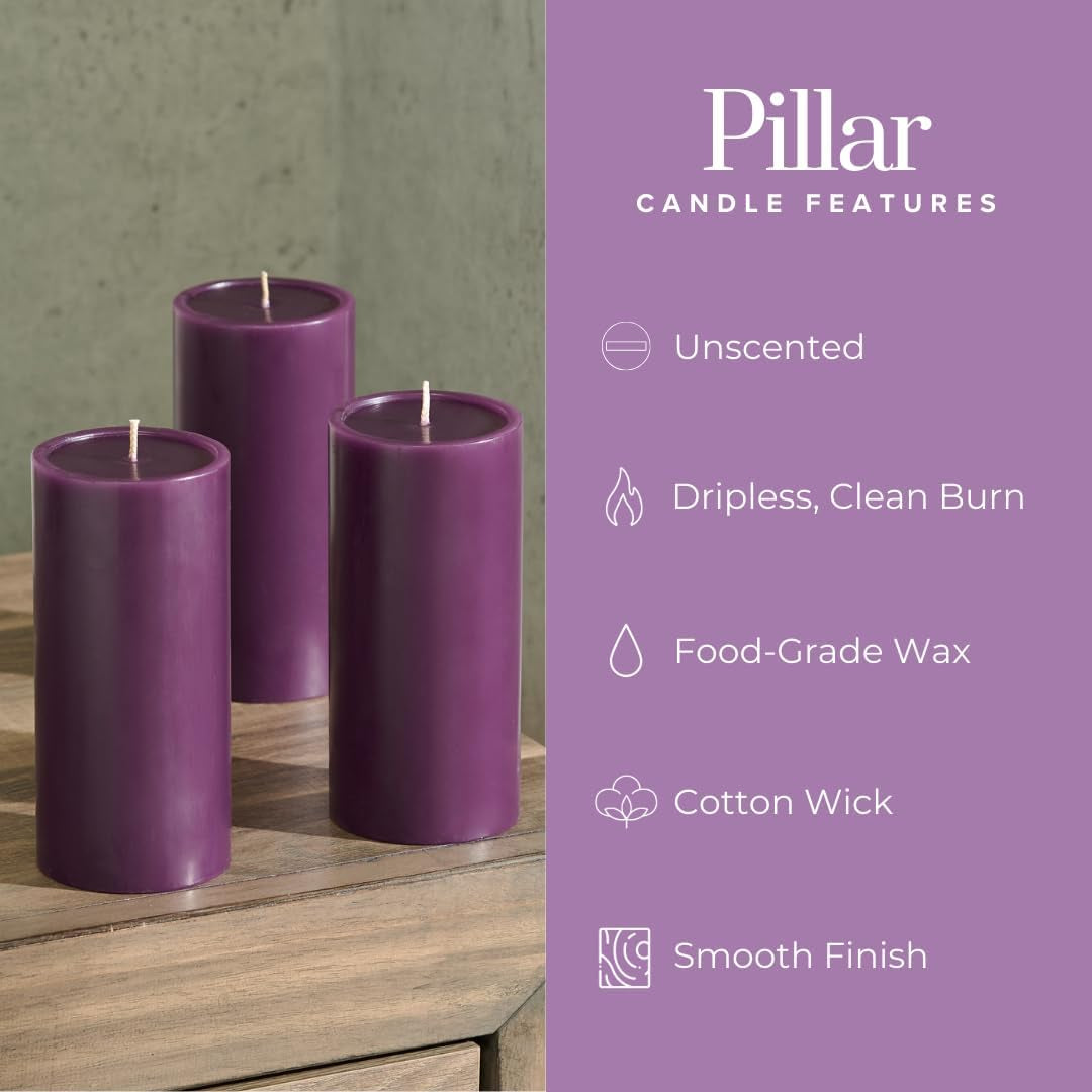 3X6 Inch Purple Pillar Candles Set of 3, Smooth Texture, Unscented Candles,