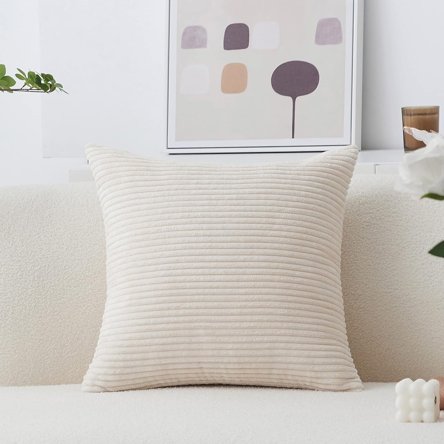 Solid Cream Throw Pillows Covers 18 X 18 Striped Corduroy Plush Velvet Cushion Cover 18X18 (45Cm)
