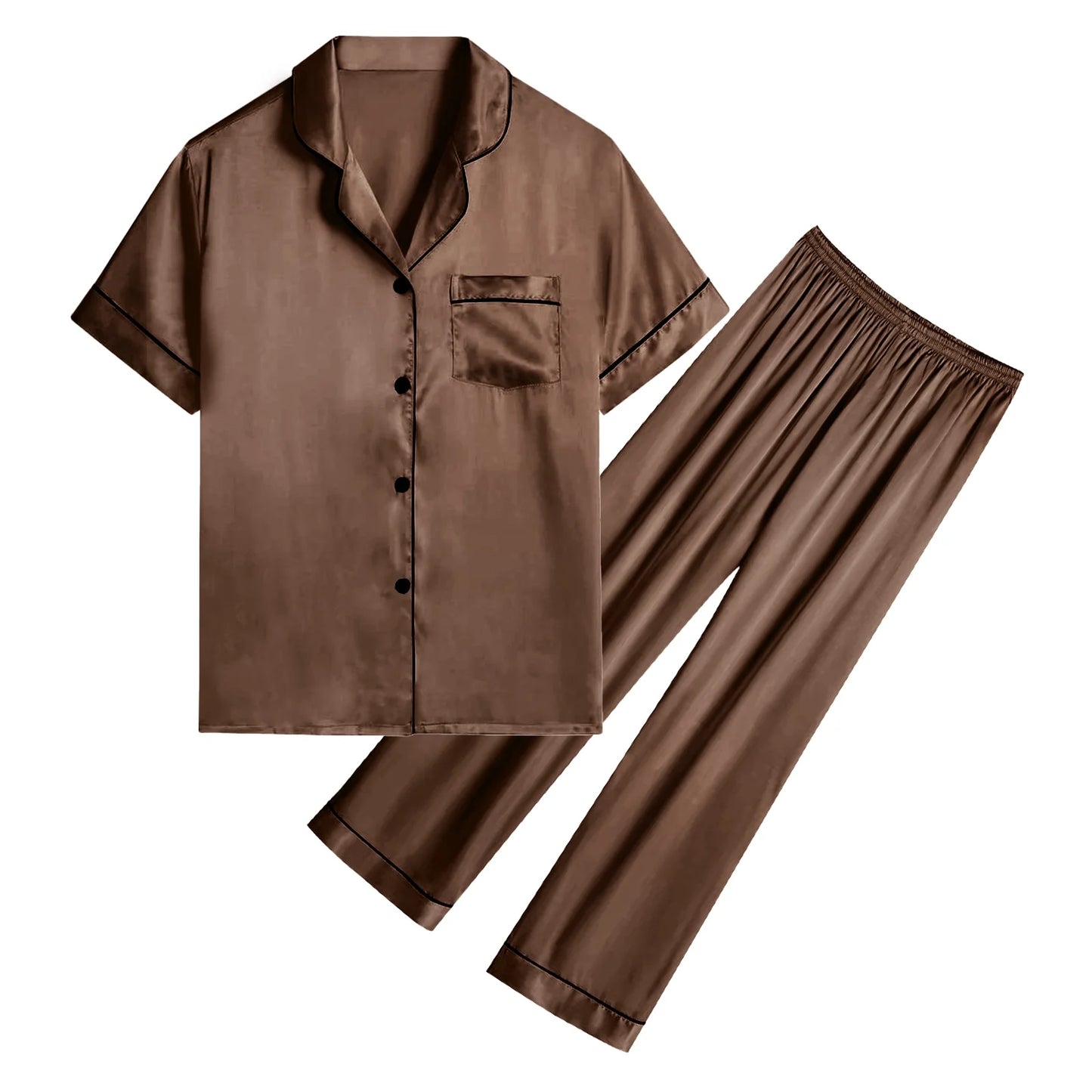 Two-Piece Short Sleeve Shirt with Long Pajama Pant Set Soft Button down Loungewear