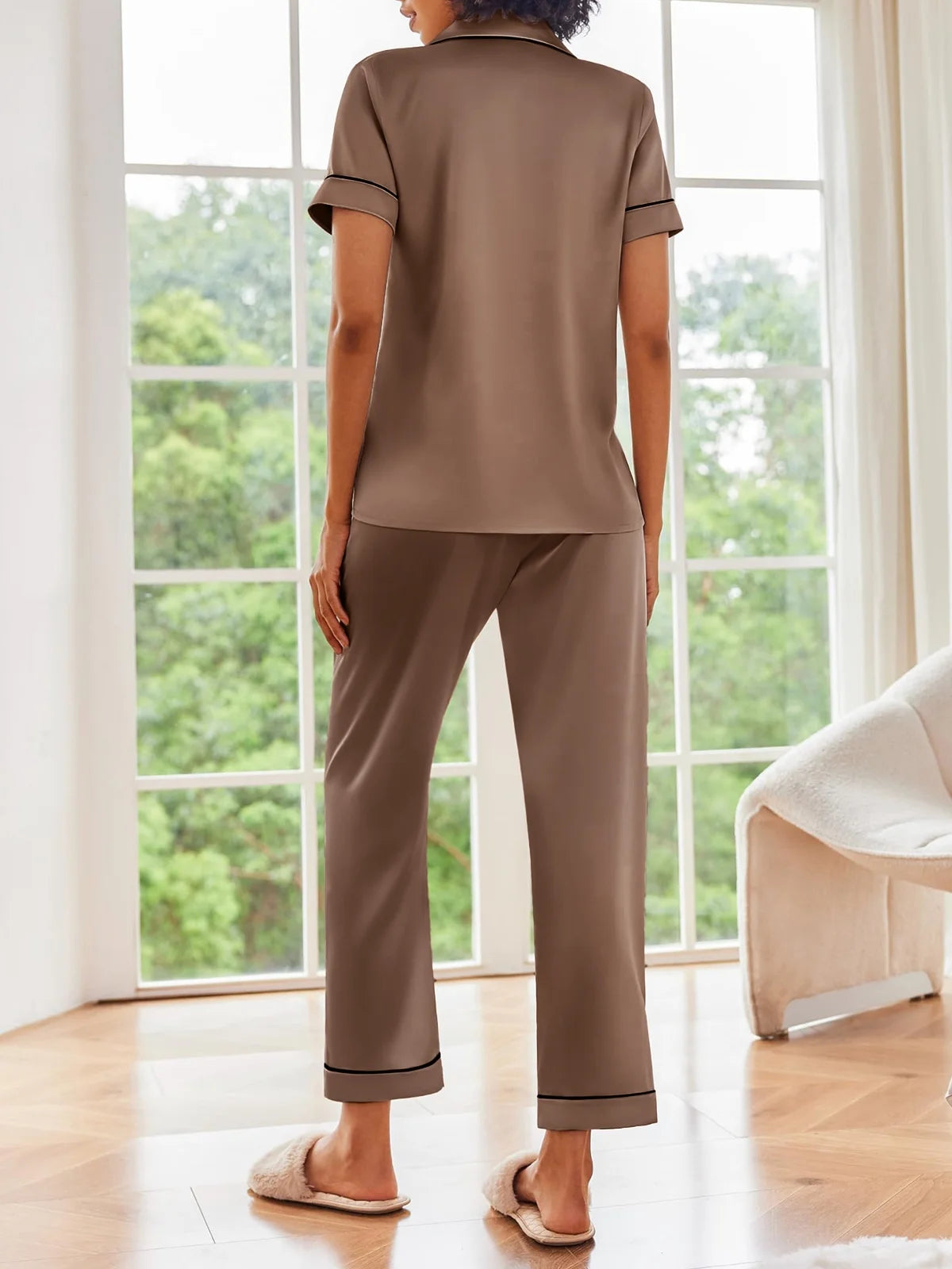 Two-Piece Short Sleeve Shirt with Long Pajama Pant Set Soft Button down Loungewear