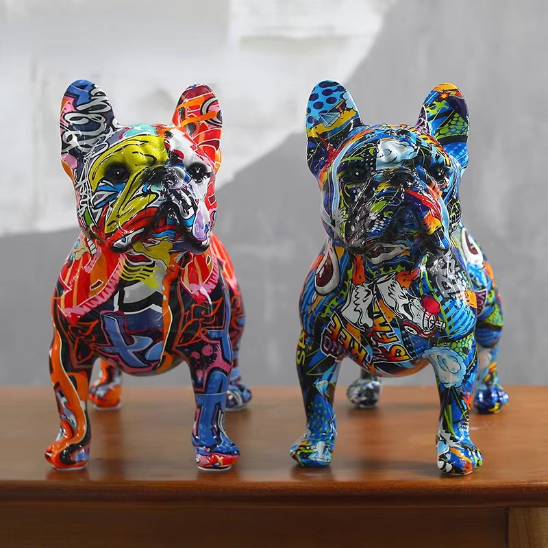 Colorful Standing French Bulldog Resin Statue Decoration, Graffiti Crafts.