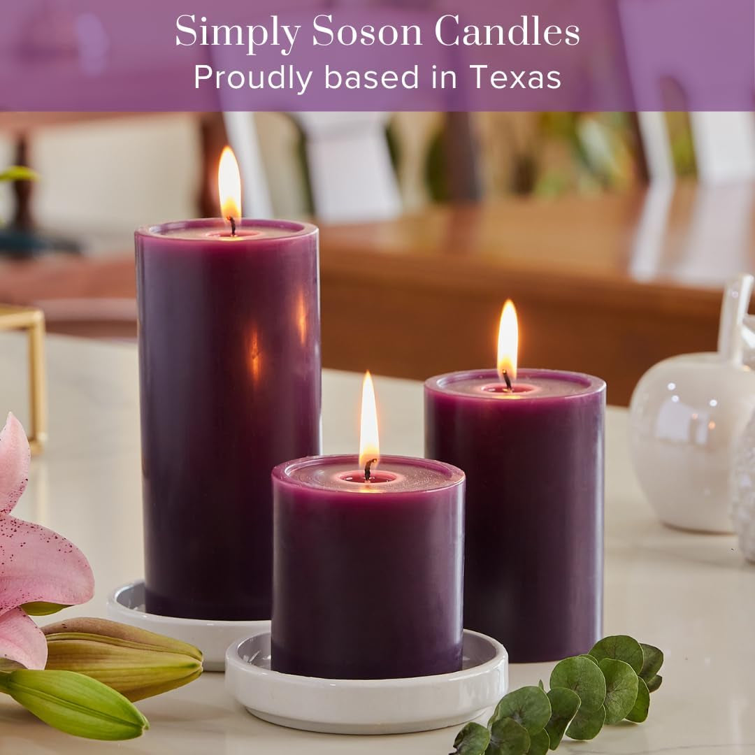 3X6 Inch Purple Pillar Candles Set of 3, Smooth Texture, Unscented Candles,