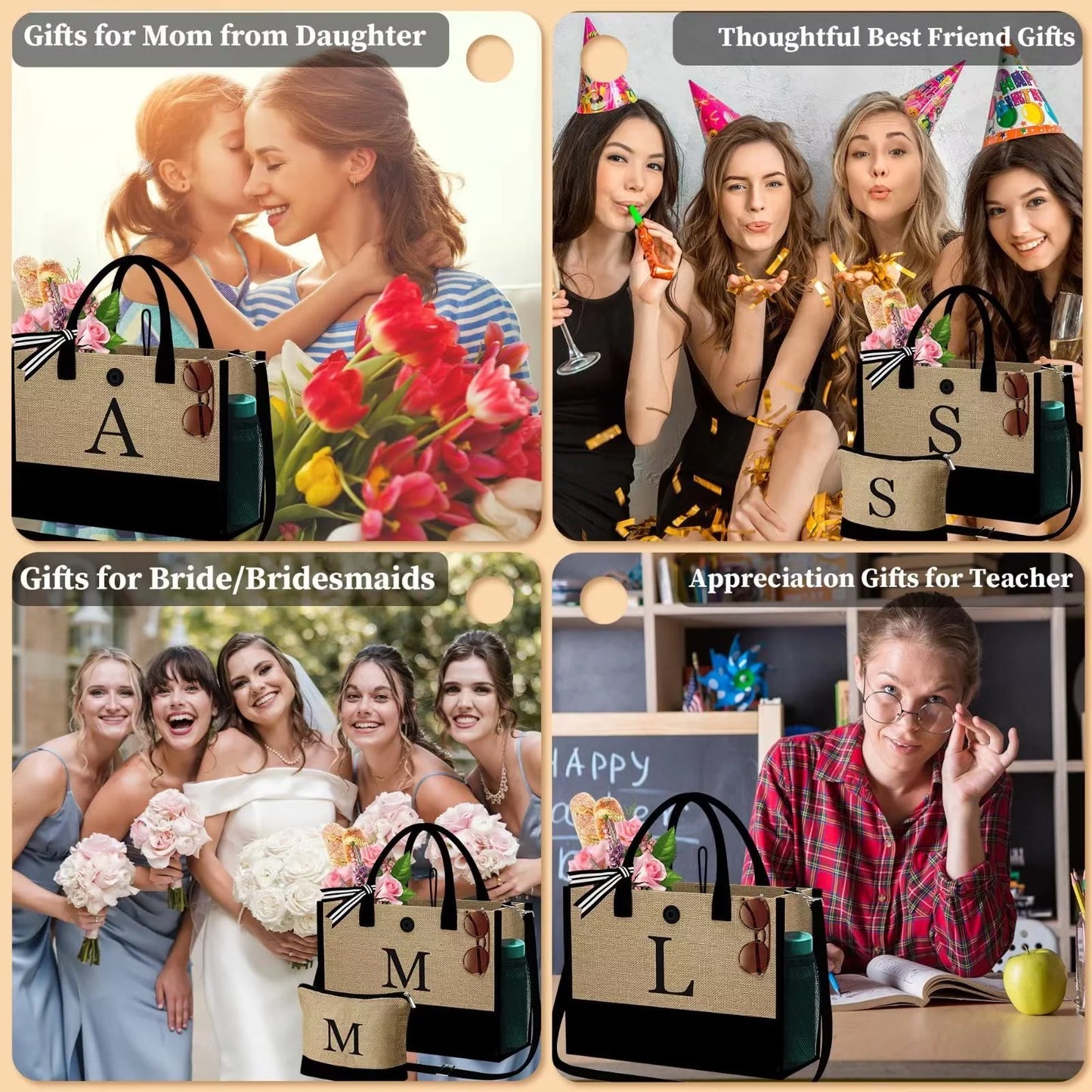 Initial Jute Tote Bag with Makeup Bag Beach Bag with Pockets Adjustable Strap Mothers Day Birthday Gifts for Her