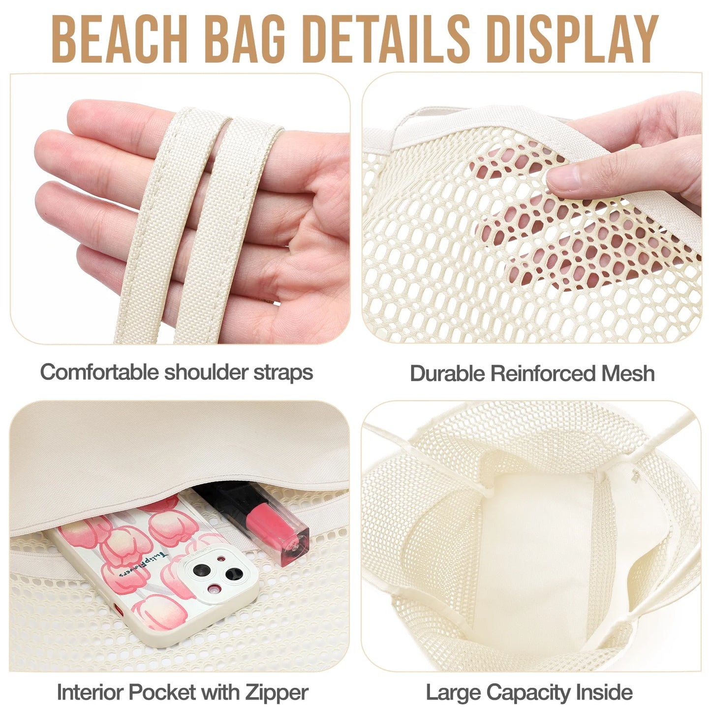 Mesh Beach Bag for Women, Beach Tote Large Foldable Mesh Swim Bag with Pockets | Sandproof | Waterproof | Beige