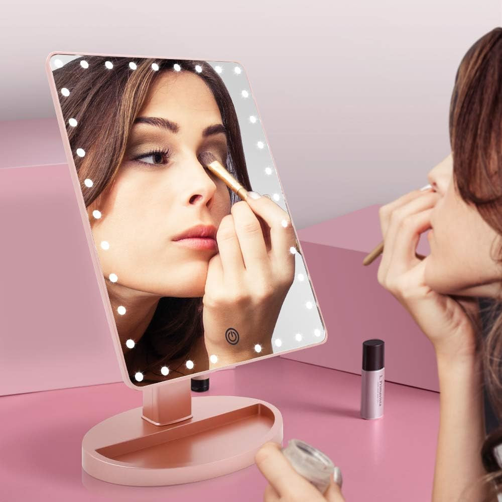 Large Lighted Makeup Mirror with Lights, Light up Mirror with Small 10X Magnification for Desk, 360°Rotation Touch Screen,Brightness Adjustable Tabletop Cosmetic Vanity Make up Mirror