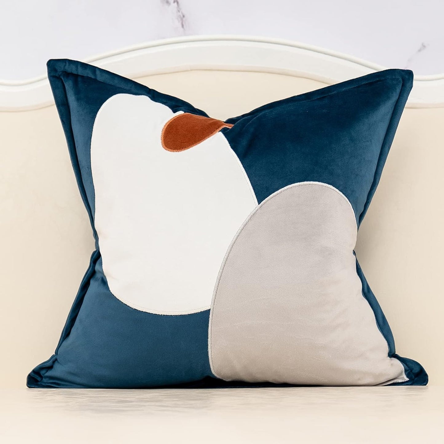Blue Decorative Velvet Throw Pillow Cover with Cloth Texture Patchwork 18X18 Inch Pillowcase Home Decor