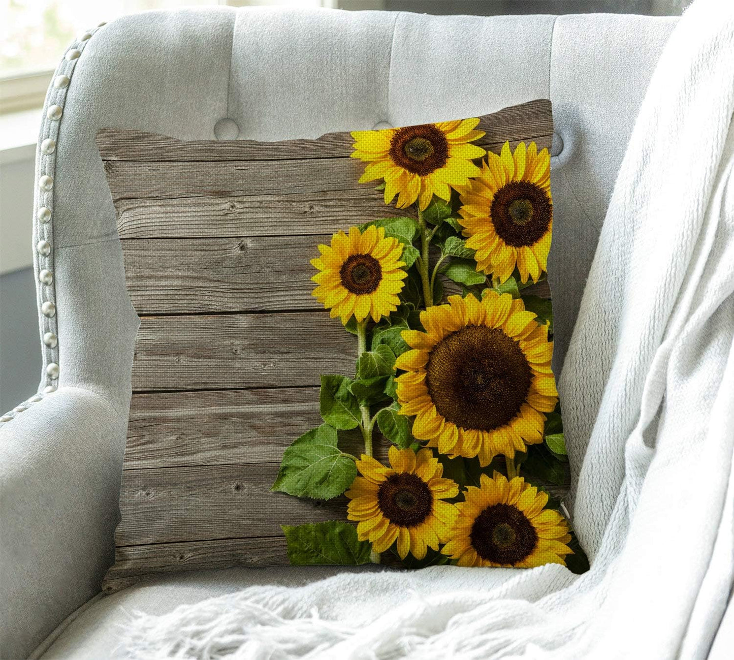 Sunflower Wooden Burlap Throw Pillow Case Cushion Cover Decorative Square 18X18 Inches