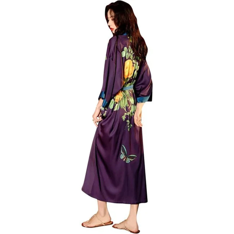 Long Silk Kimono Robes Lightweight Silky Satin Floral