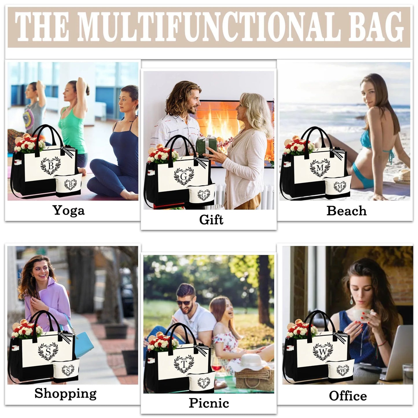 Canvas Initial Tote Bag with Make up bag