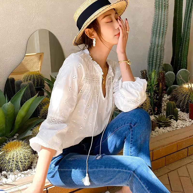 100%Cotton Floral Embroidery White Lace Blouse Shirt, Vintage V Neck Long Sleeve Autumn Blusas Boho Tops 2023