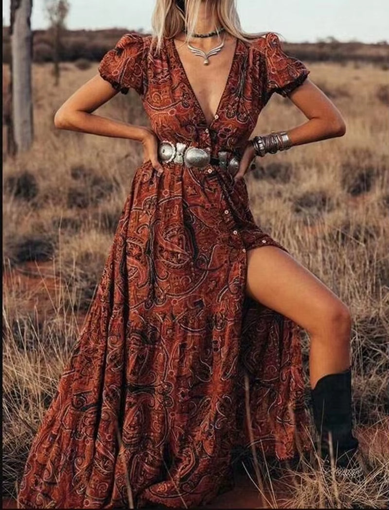 Boho Long Dress Vintage 2023 Floral Print Chiffon Three Quarter Sleeve V-Neck Summer Gypsy Hippie
