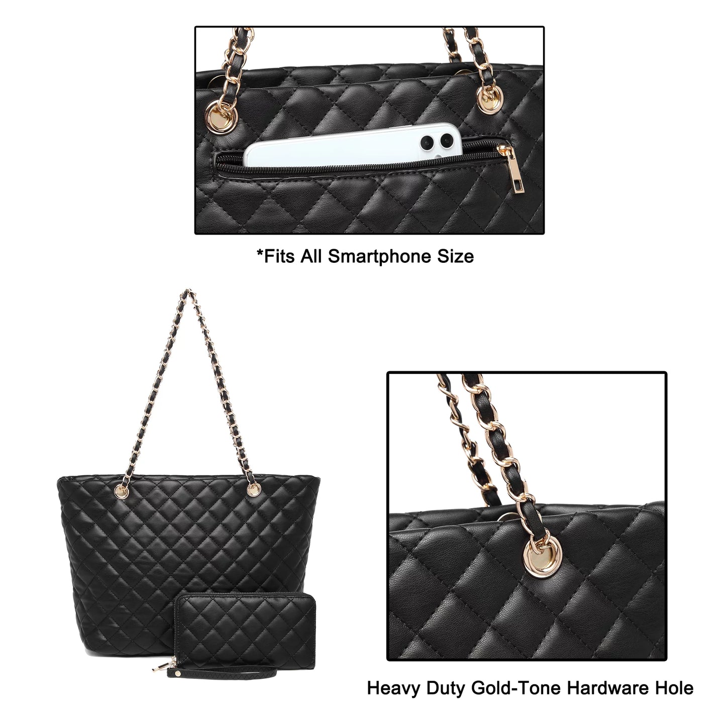 Quilted Leather Tote Bag Satchel Wallet Set 2Pcs Chain Strap Shoulder Bag