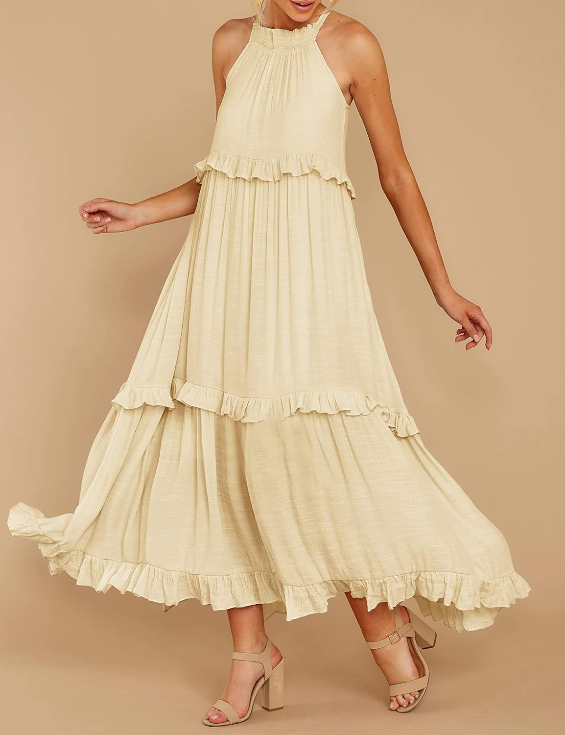 Cotton Sleeveless Halter Boho Maxi Dress