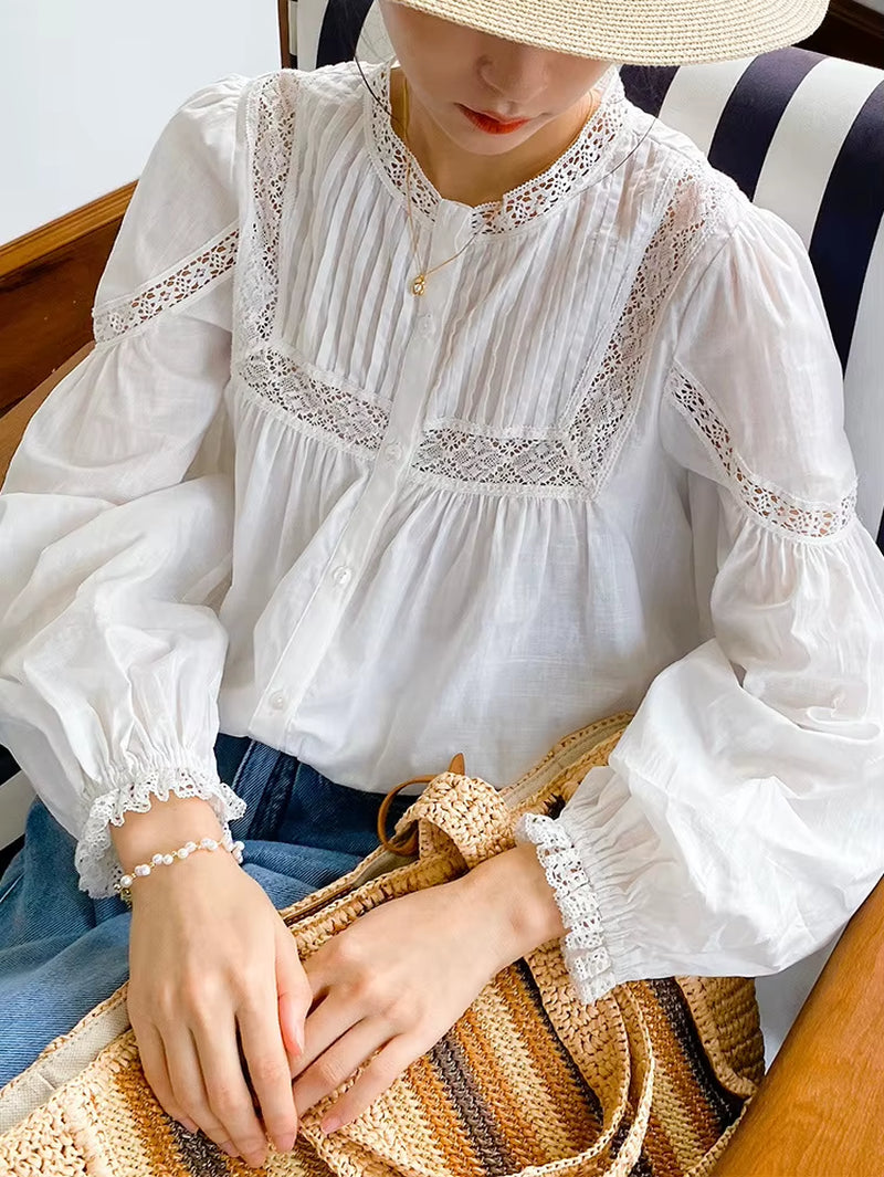 100%Cotton Floral Embroidery White Lace Blouse Shirt, Vintage V Neck Long Sleeve Autumn Blusas Boho Tops 2023