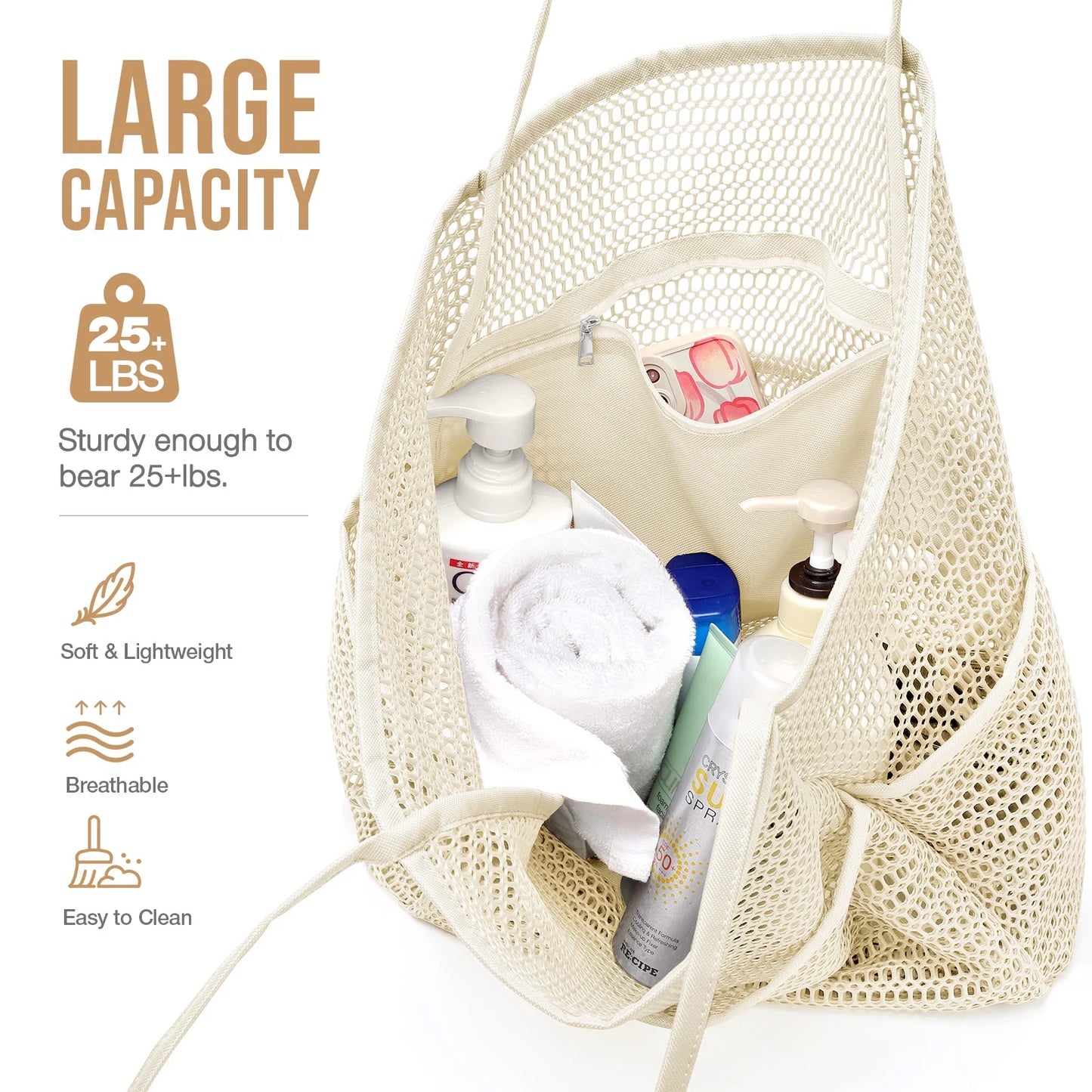 Mesh Beach Bag for Women, Beach Tote Large Foldable Mesh Swim Bag with Pockets | Sandproof | Waterproof | Beige