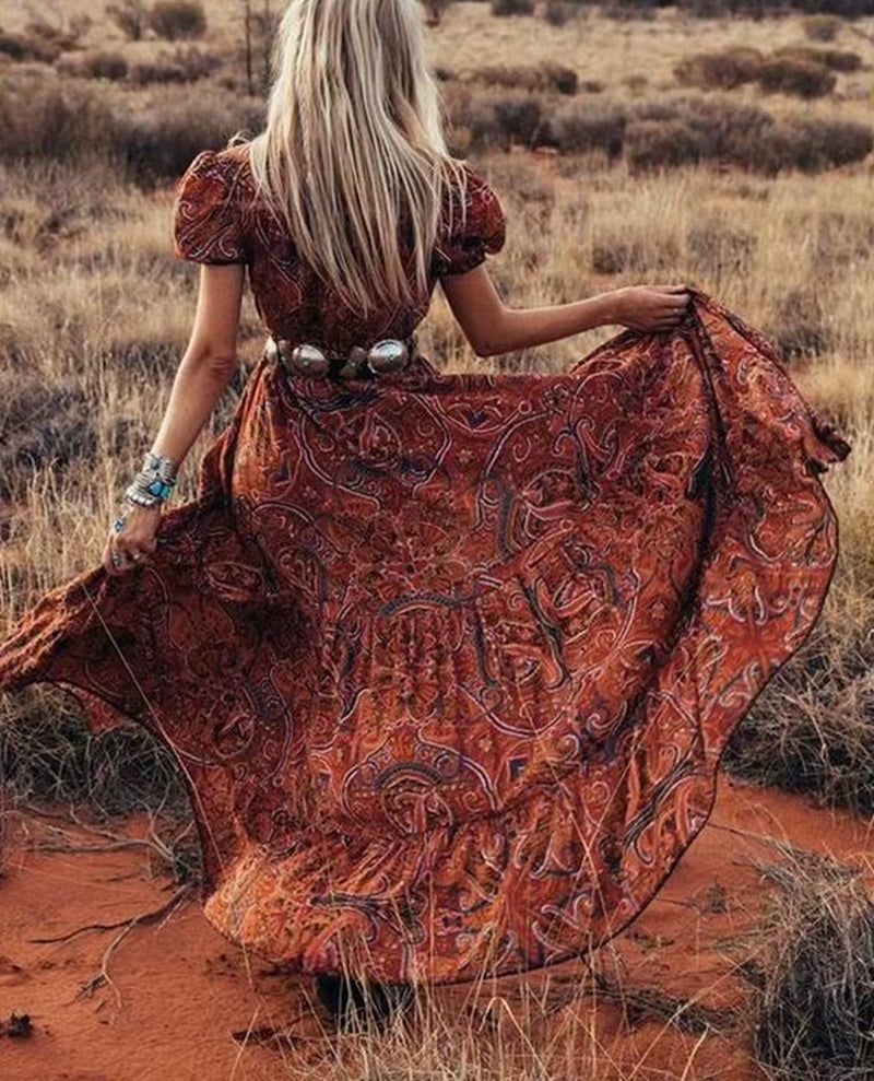 Boho Long Dress Vintage 2023 Floral Print Chiffon Three Quarter Sleeve V-Neck Summer Gypsy Hippie
