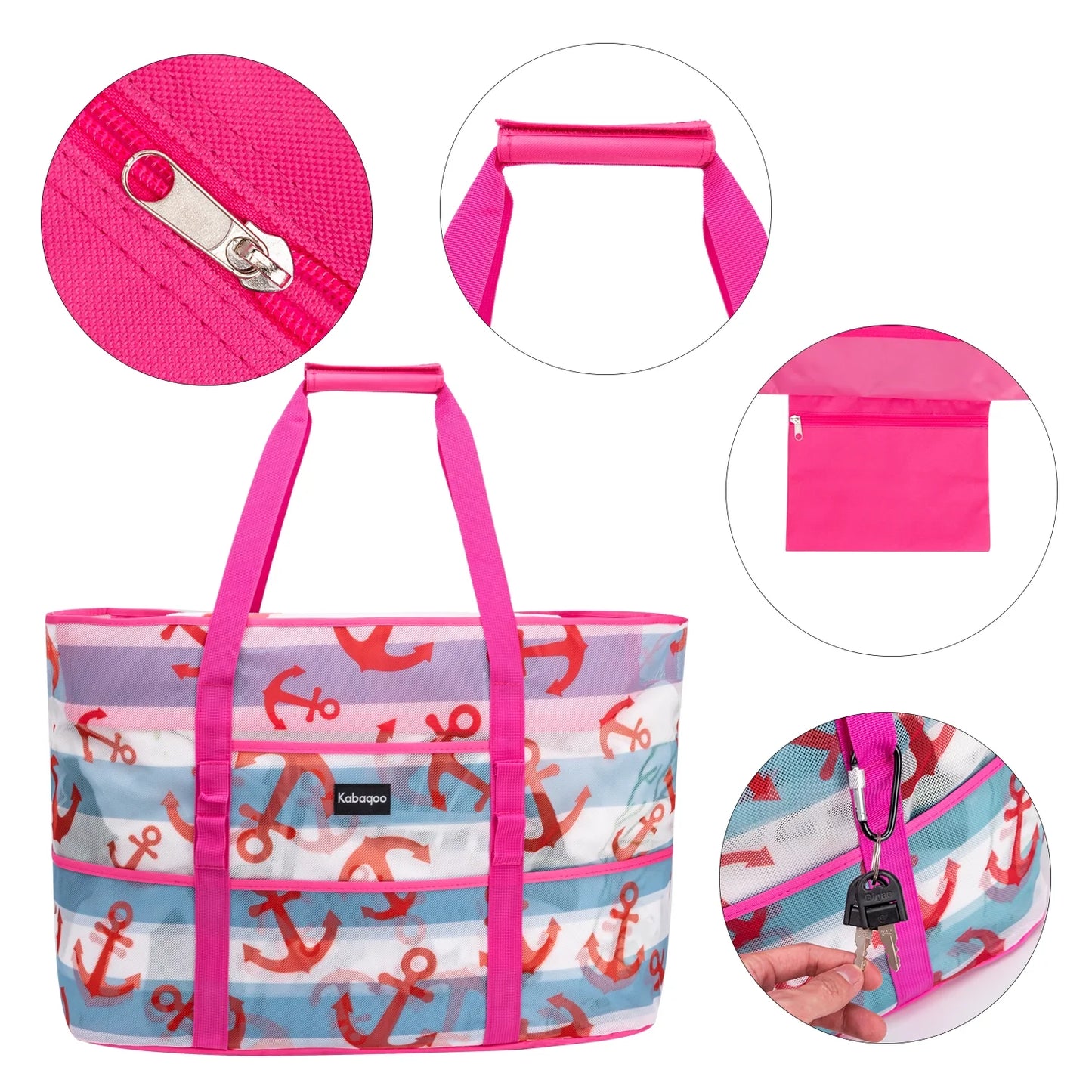 Women Extra Large Beach Bag Anchor Shop Grocery Bag Picnic Mesh Tote Bag with Zip and Pocket