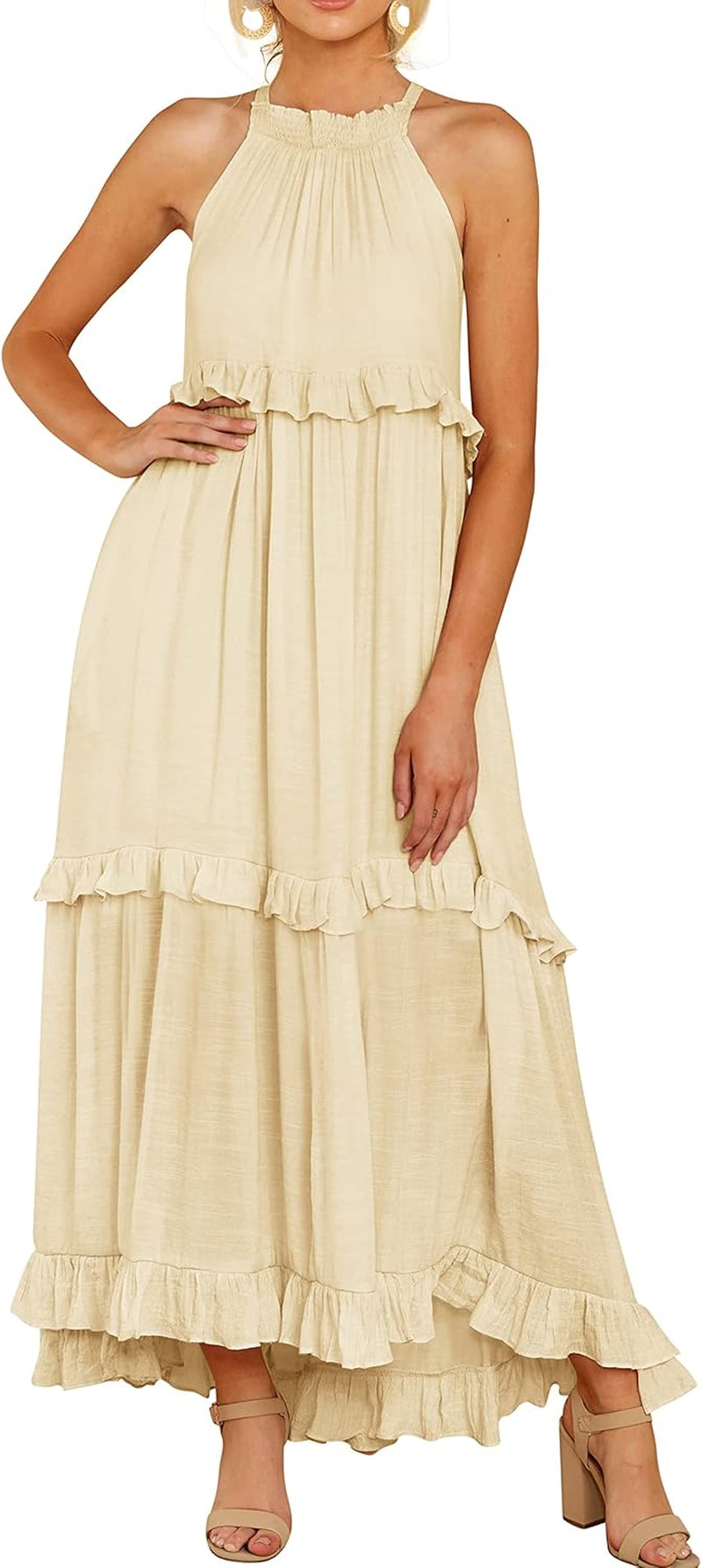 Cotton Sleeveless Halter Boho Maxi Dress