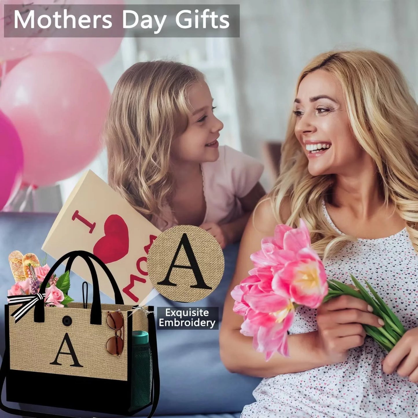 Initial Jute Tote Bag with Makeup Bag Beach Bag with Pockets Adjustable Strap Mothers Day Birthday Gifts for Her