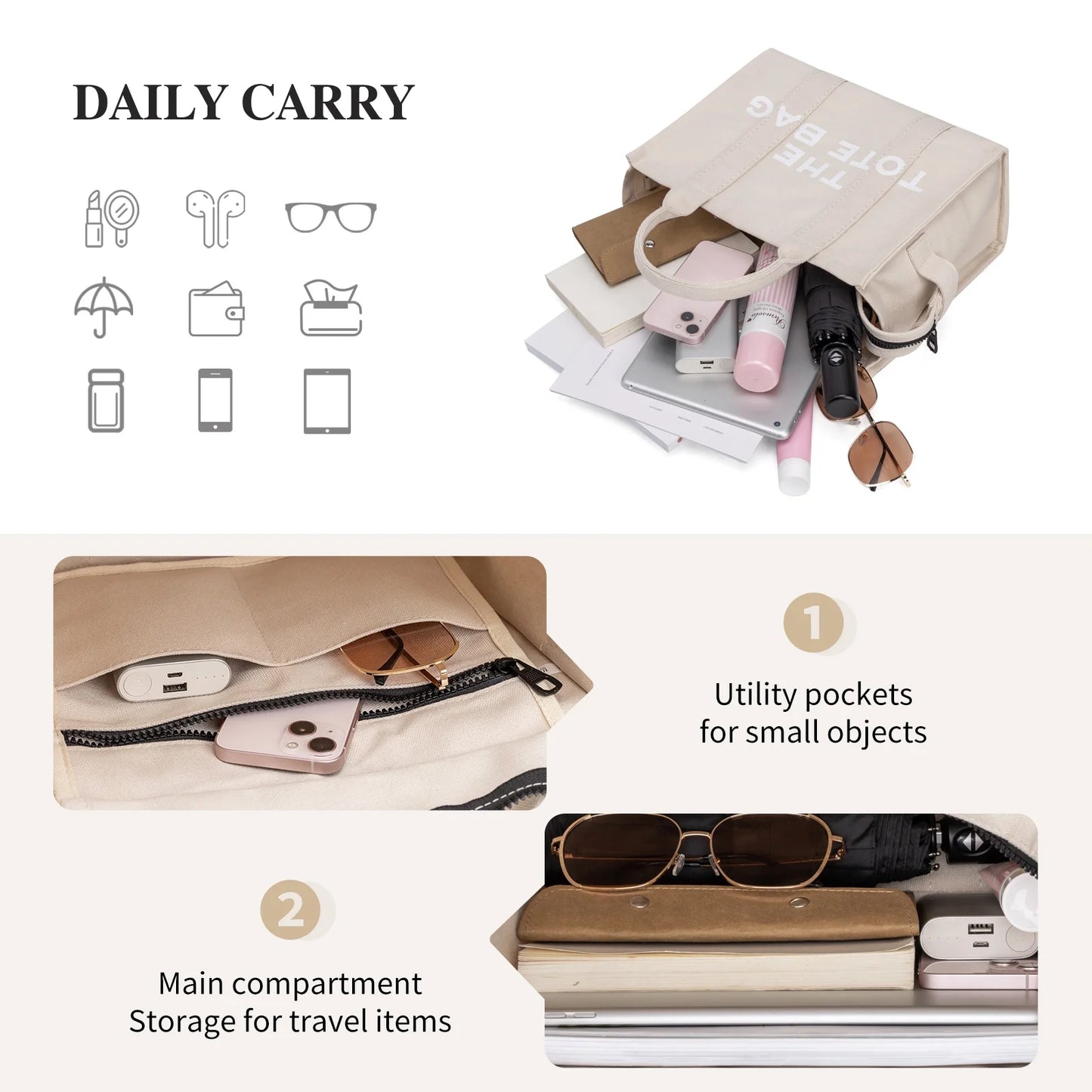 Canvas Tote Bag with Zipper, Crossbody Handbag