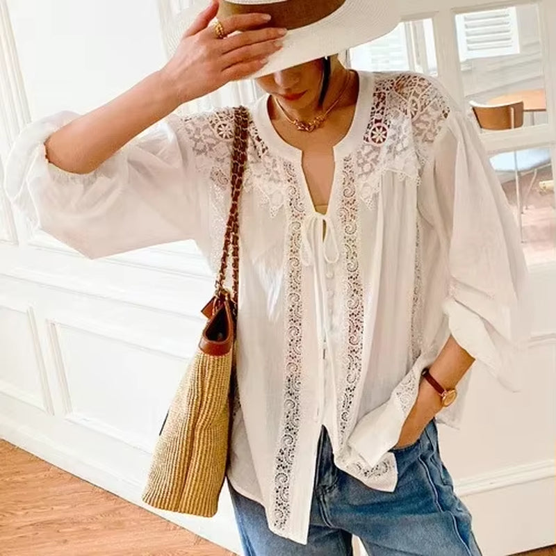 100%Cotton Floral Embroidery White Lace Blouse Shirt, Vintage V Neck Long Sleeve Autumn Blusas Boho Tops 2023