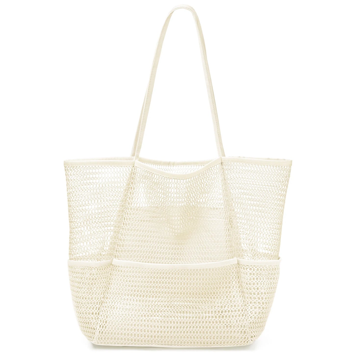 Mesh Beach Bag for Women, Beach Tote Large Foldable Mesh Swim Bag with Pockets | Sandproof | Waterproof | Beige