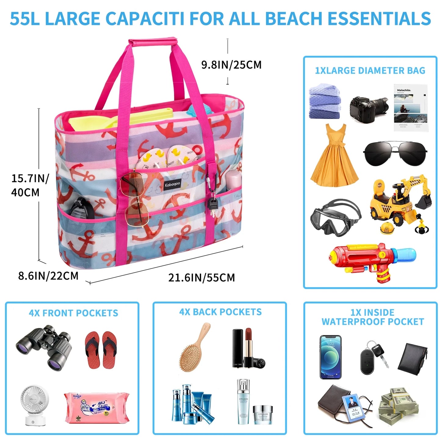 Women Extra Large Beach Bag Anchor Shop Grocery Bag Picnic Mesh Tote Bag with Zip and Pocket