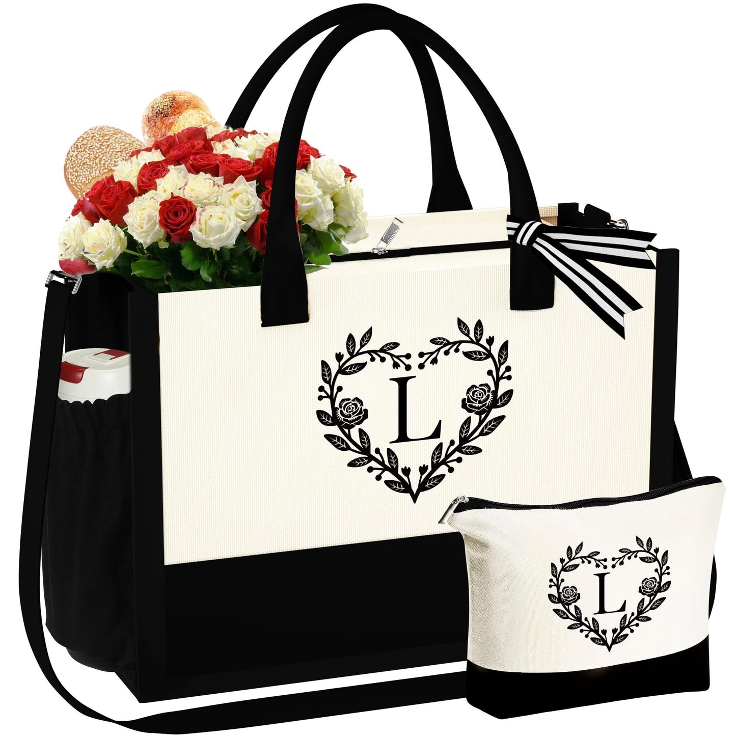 Canvas Initial Tote Bag with Make up bag