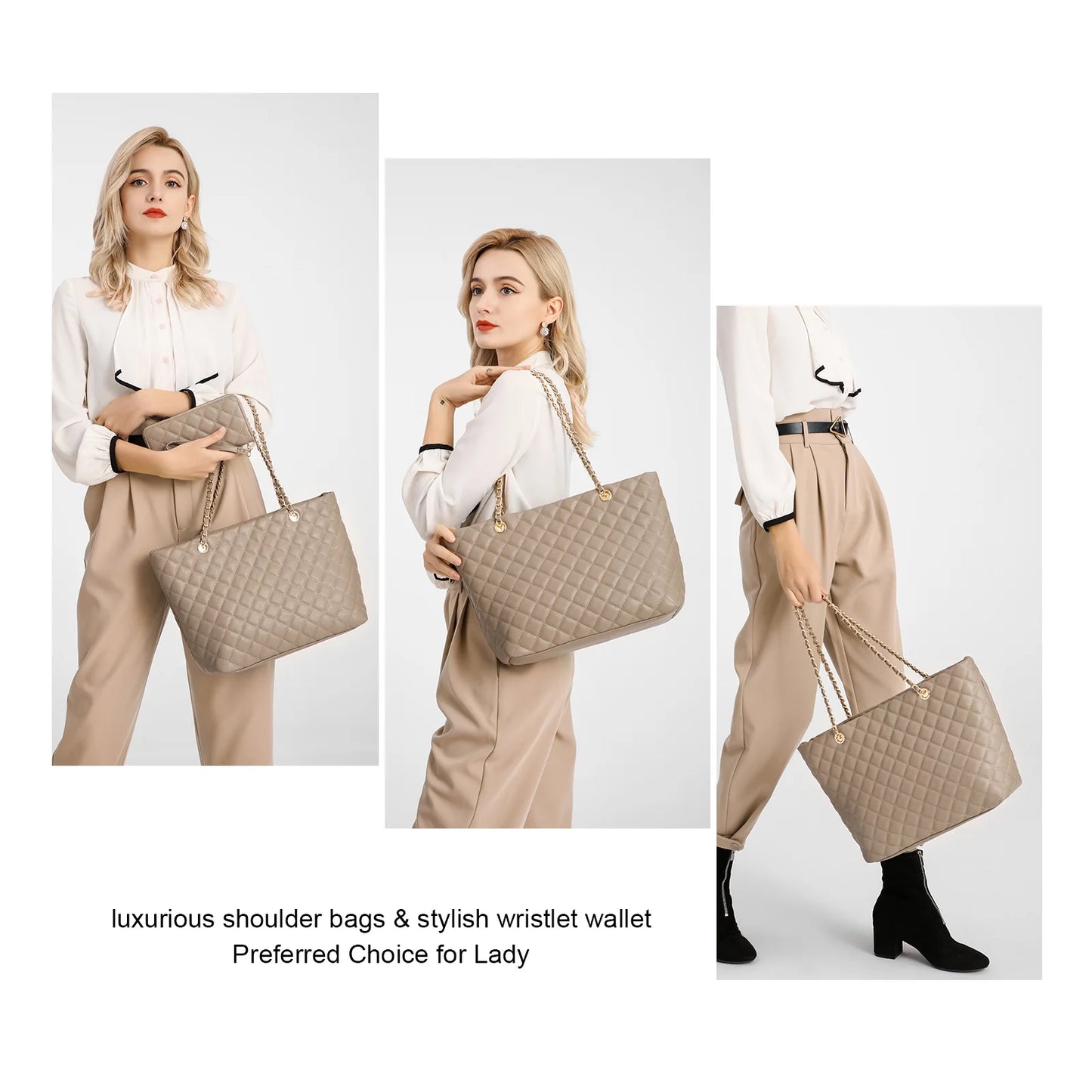 Women'S Classic Quilted Shoulder Bag & Wallet Set Vagan Leather Metal Chain Strap Tote Handbag Purse 2Pcs