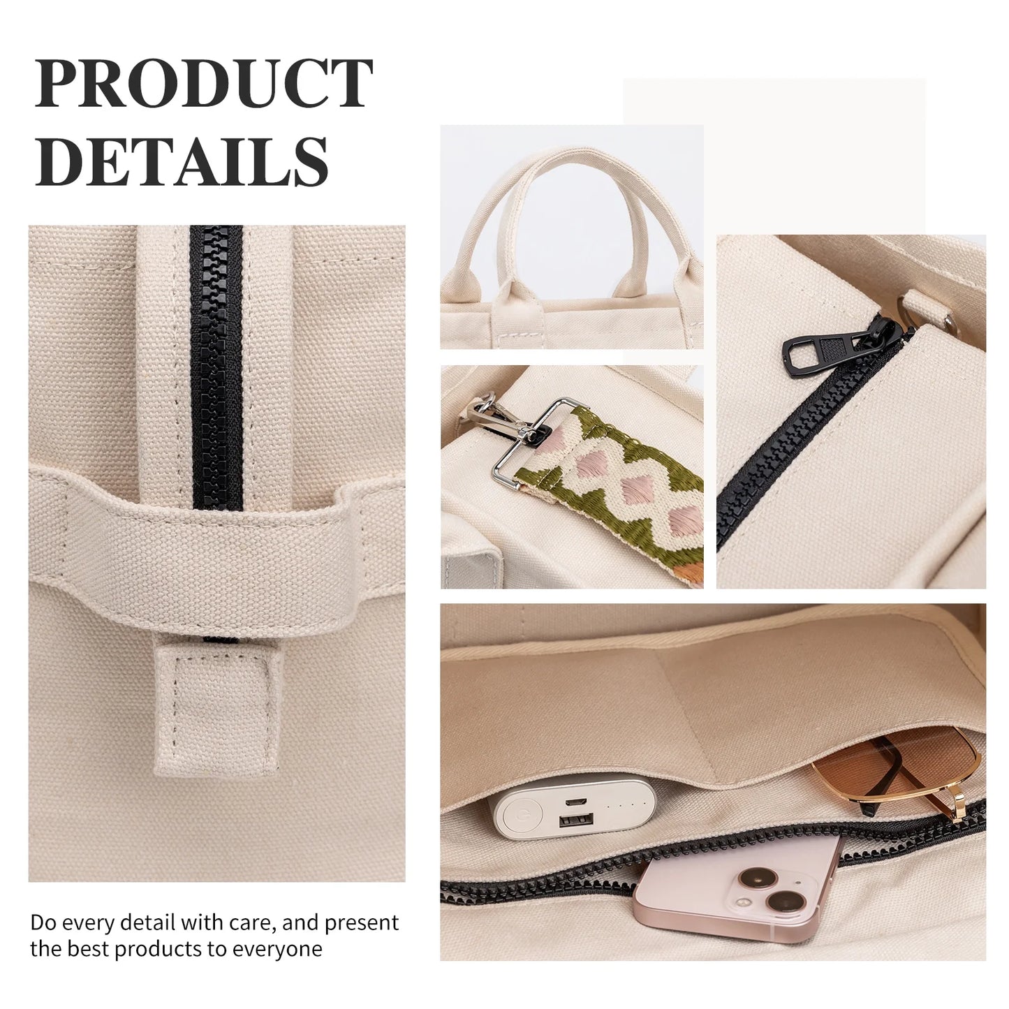 Canvas Tote Bag with Zipper, Crossbody Handbag