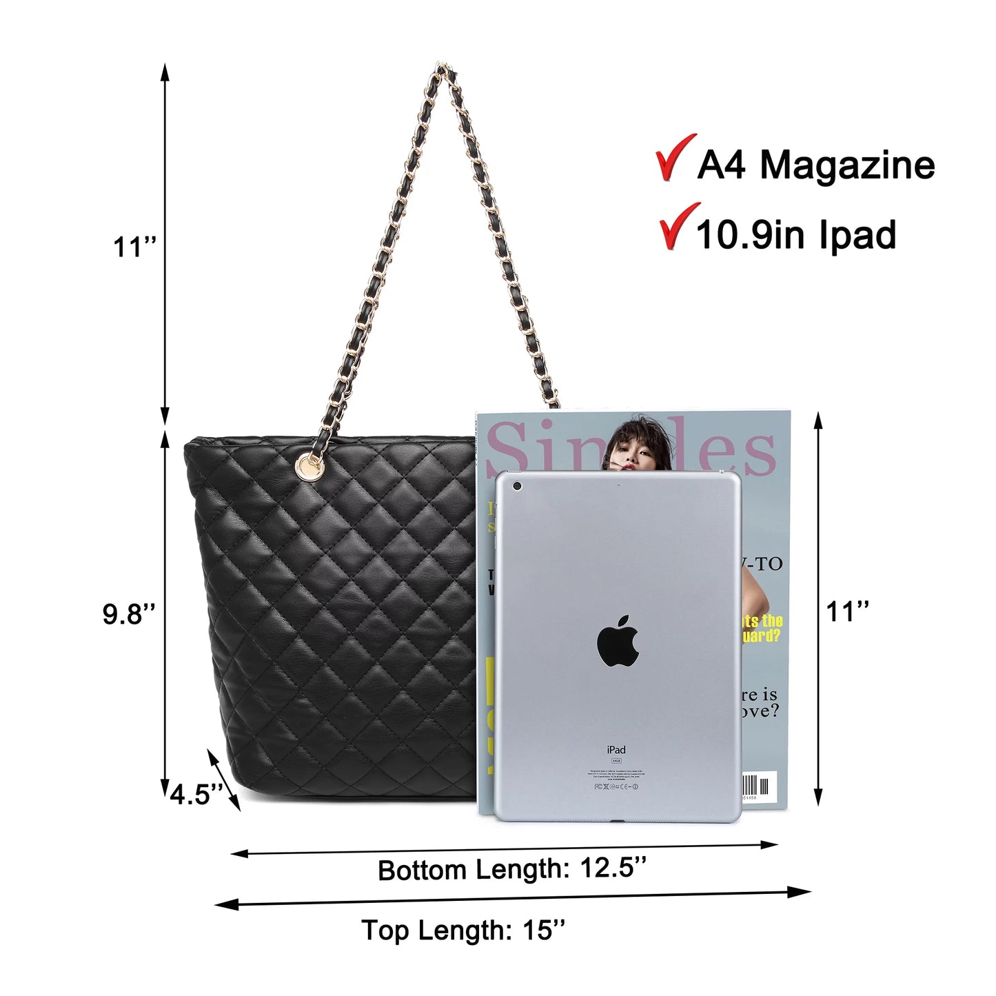 Quilted Leather Tote Bag Satchel Wallet Set 2Pcs Chain Strap Shoulder Bag