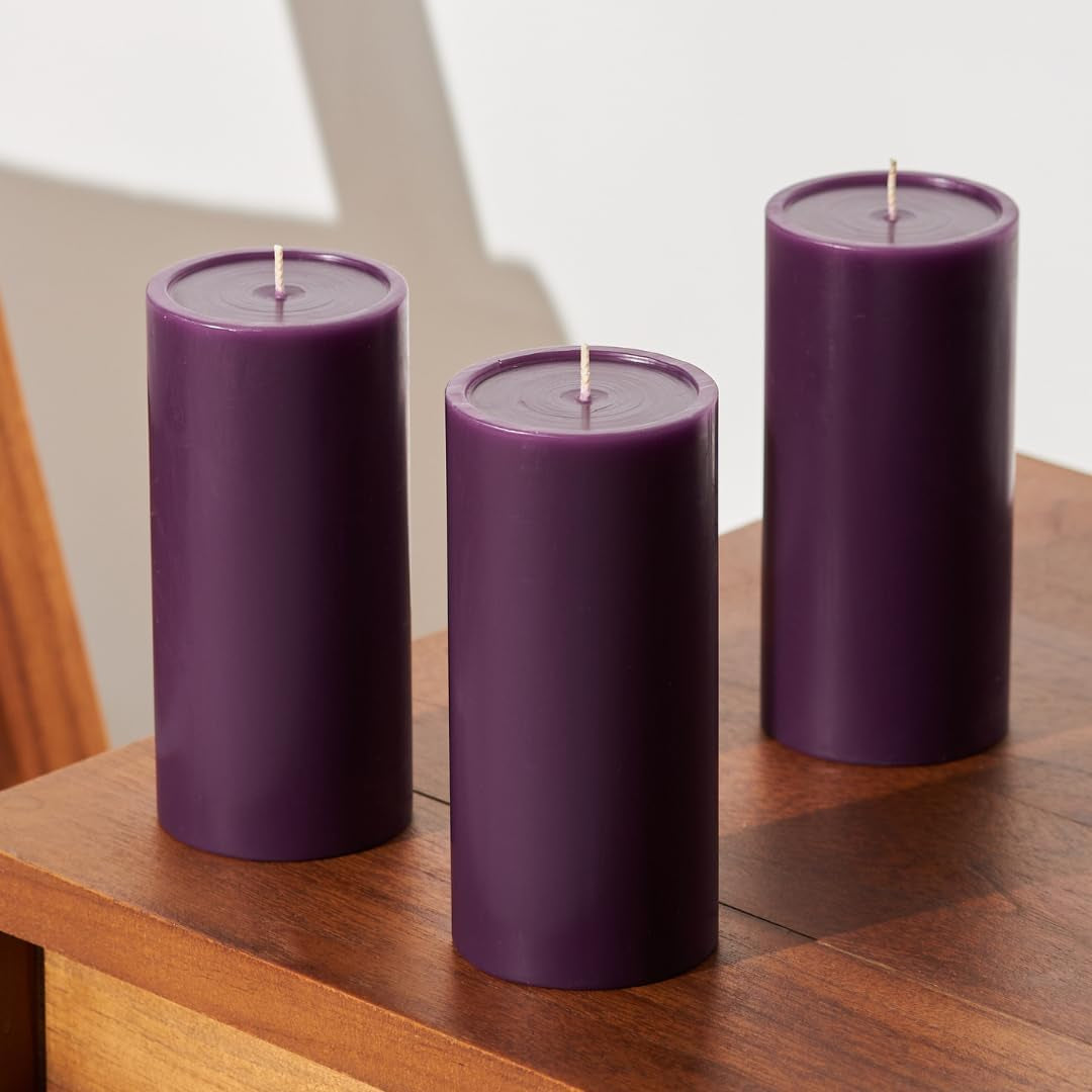 3X6 Inch Purple Pillar Candles Set of 3, Smooth Texture, Unscented Candles,