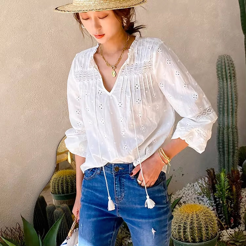 100%Cotton Floral Embroidery White Lace Blouse Shirt, Vintage V Neck Long Sleeve Autumn Blusas Boho Tops 2023