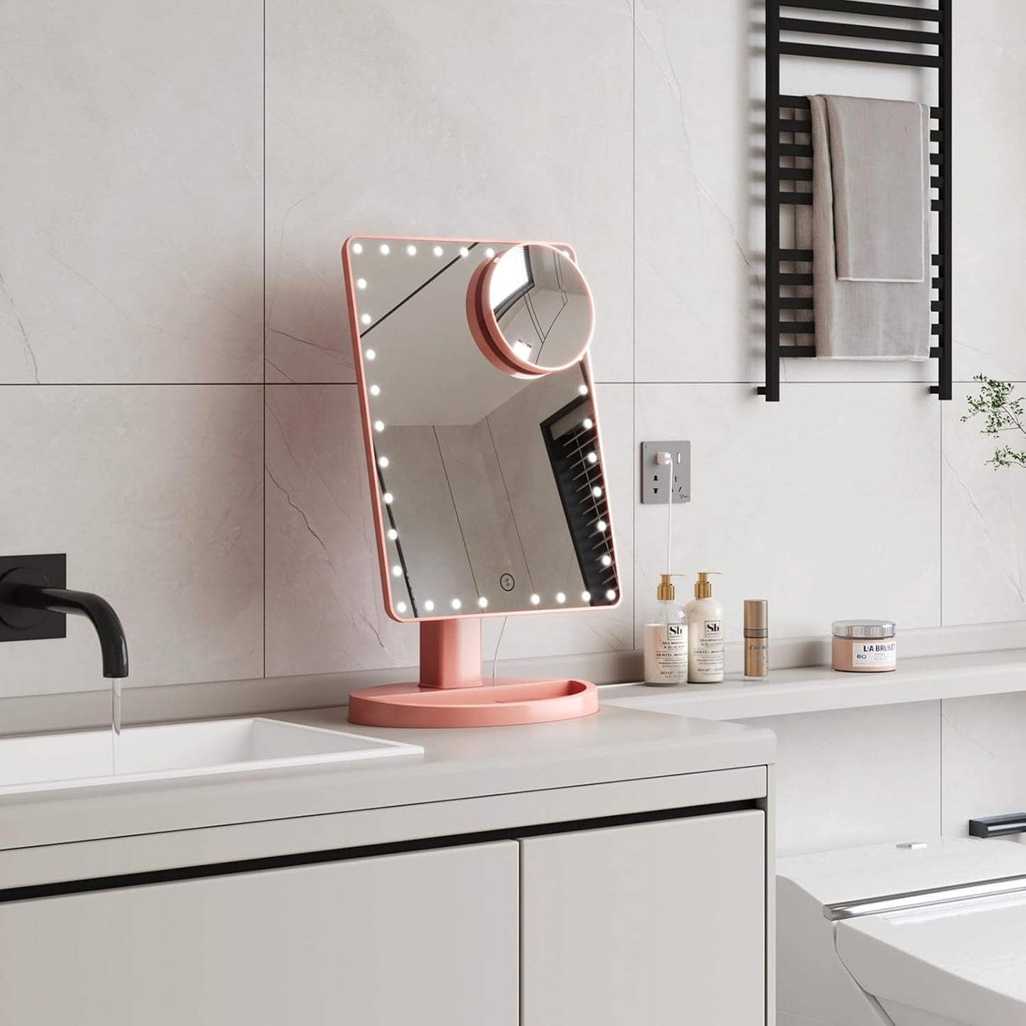 Large Lighted Makeup Mirror with Lights, Light up Mirror with Small 10X Magnification for Desk, 360°Rotation Touch Screen,Brightness Adjustable Tabletop Cosmetic Vanity Make up Mirror