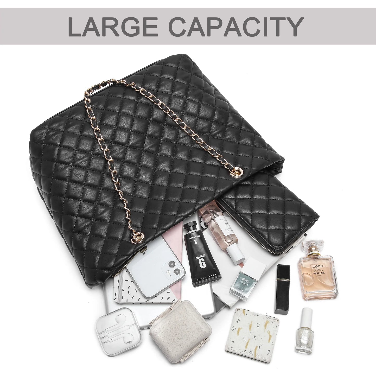 Quilted Leather Tote Bag Satchel Wallet Set 2Pcs Chain Strap Shoulder Bag