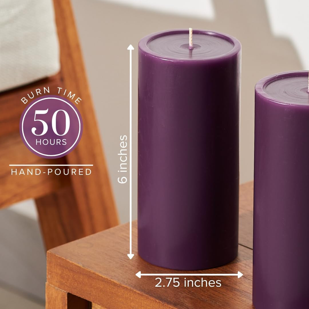 3X6 Inch Purple Pillar Candles Set of 3, Smooth Texture, Unscented Candles,