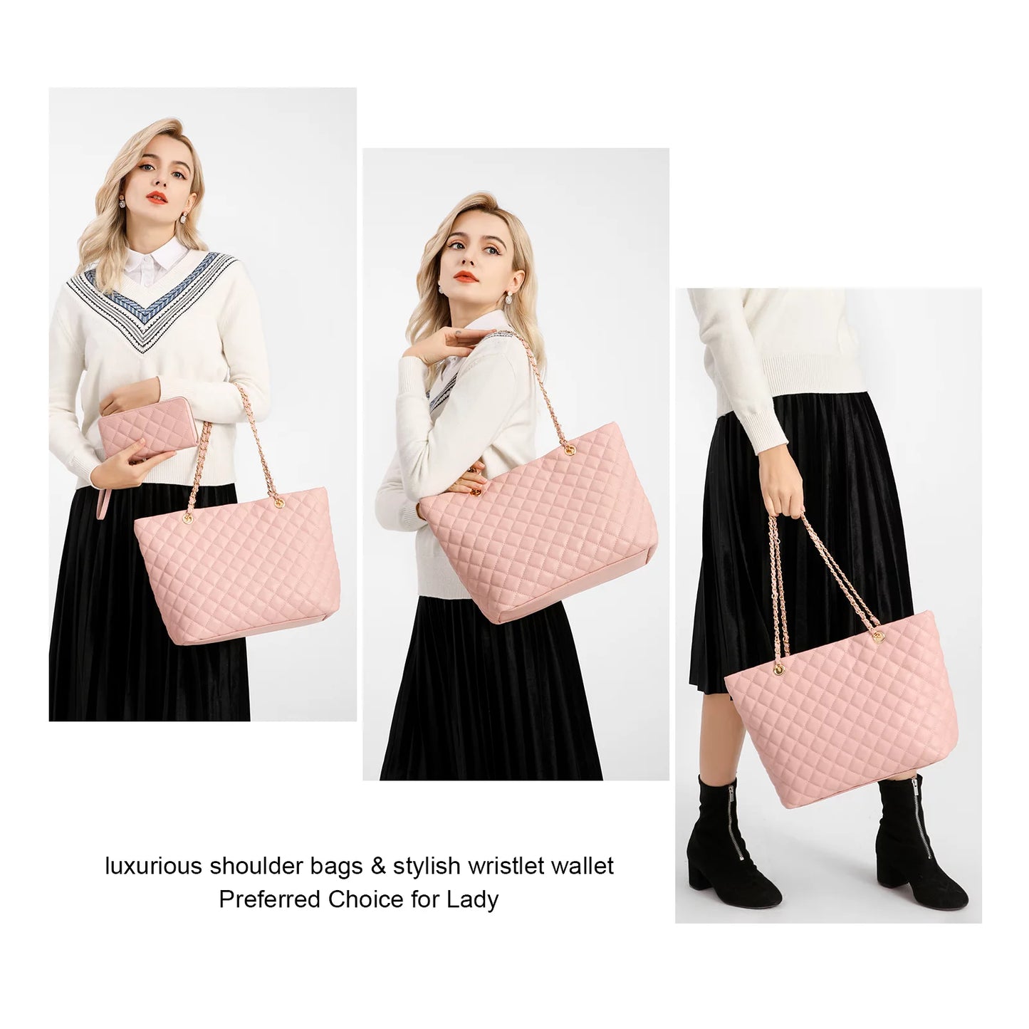 Quilted Women Tote Bag Satchel Wallet Set 2Pcs Chain Strap Shoulder Bag
