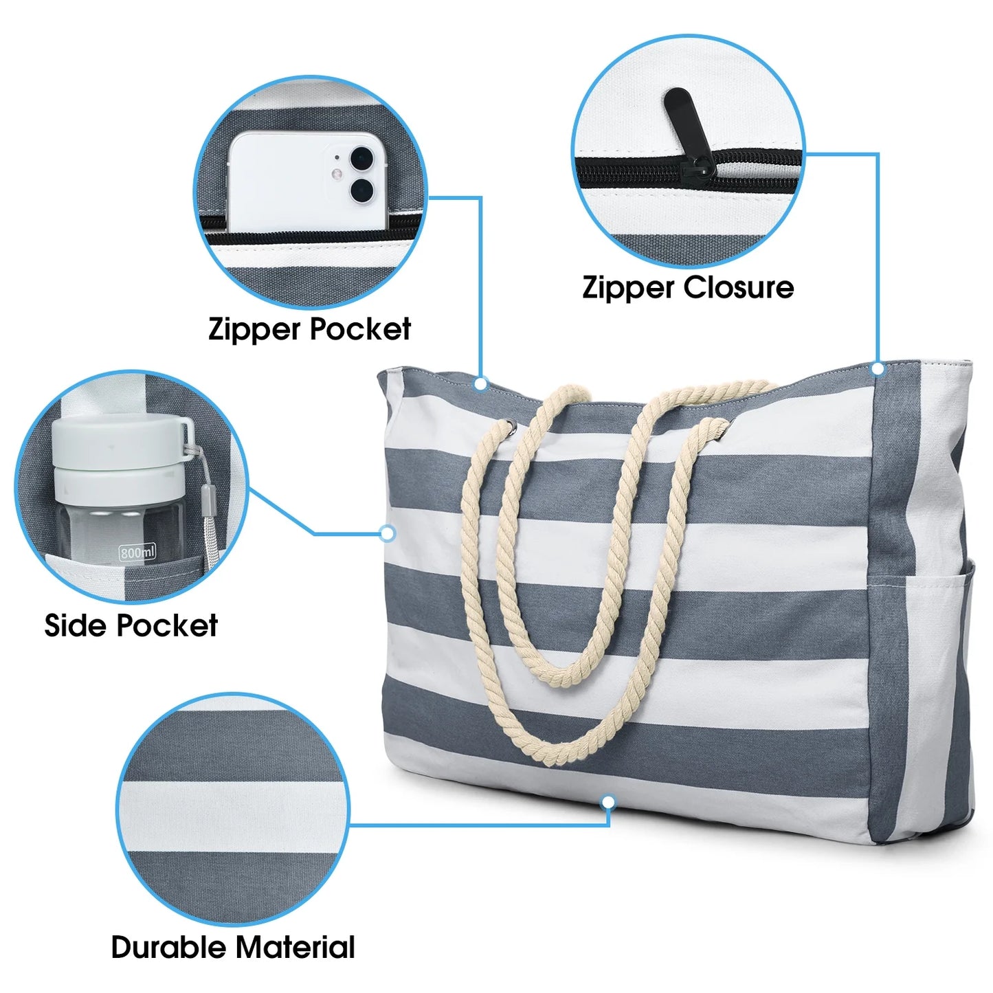 Large Beach Tote Bag with Zipper Waterproof Travel Beach Essential