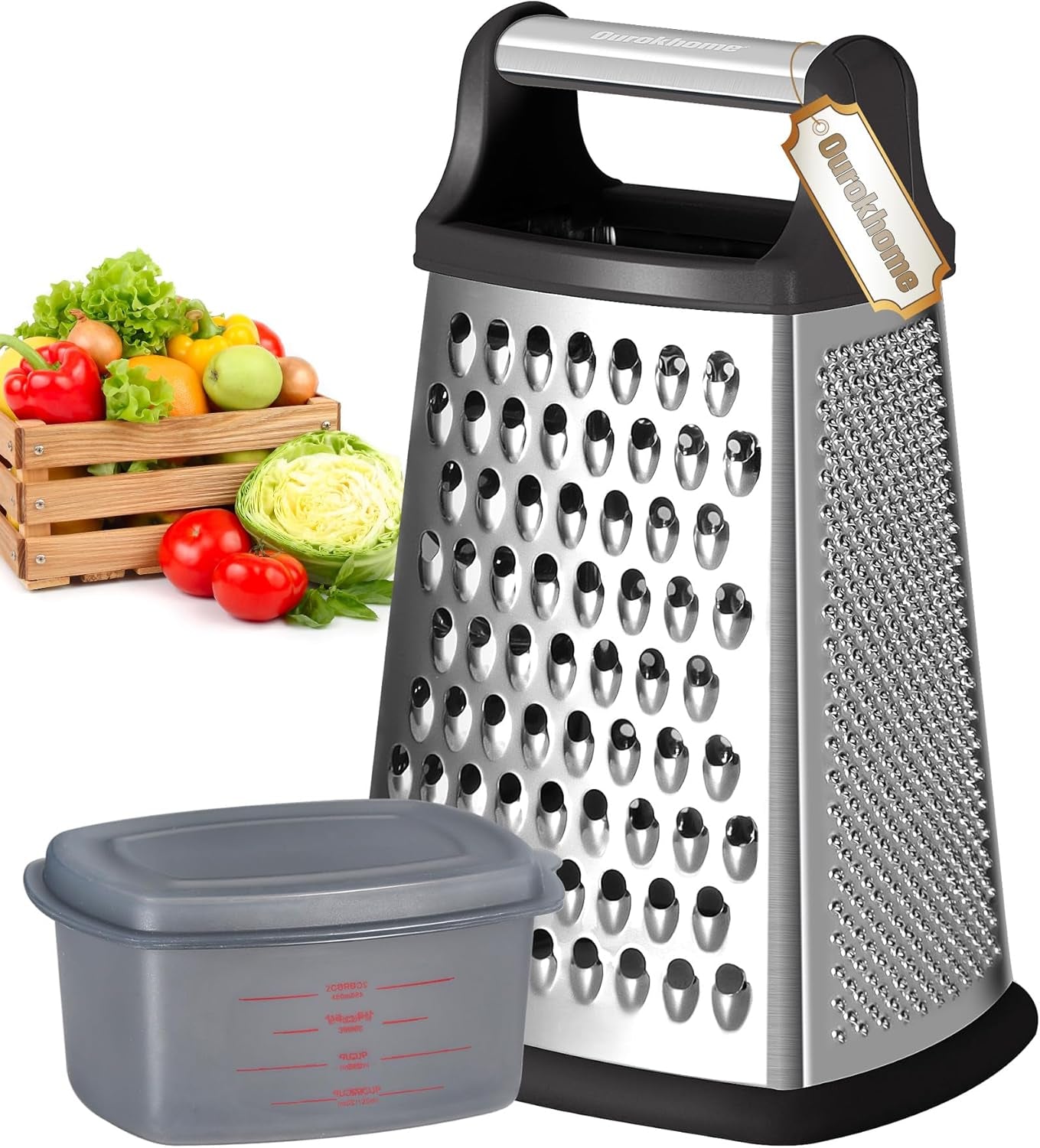 Cheese Grater with Handle, Stainless Steel Box Grater, 4 Side Vegetable Shredder Slicer.