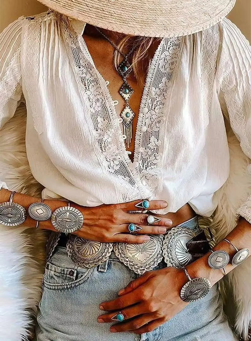 100%Cotton Floral Embroidery White Lace Blouse Shirt, Vintage V Neck Long Sleeve Autumn Blusas Boho Tops 2023