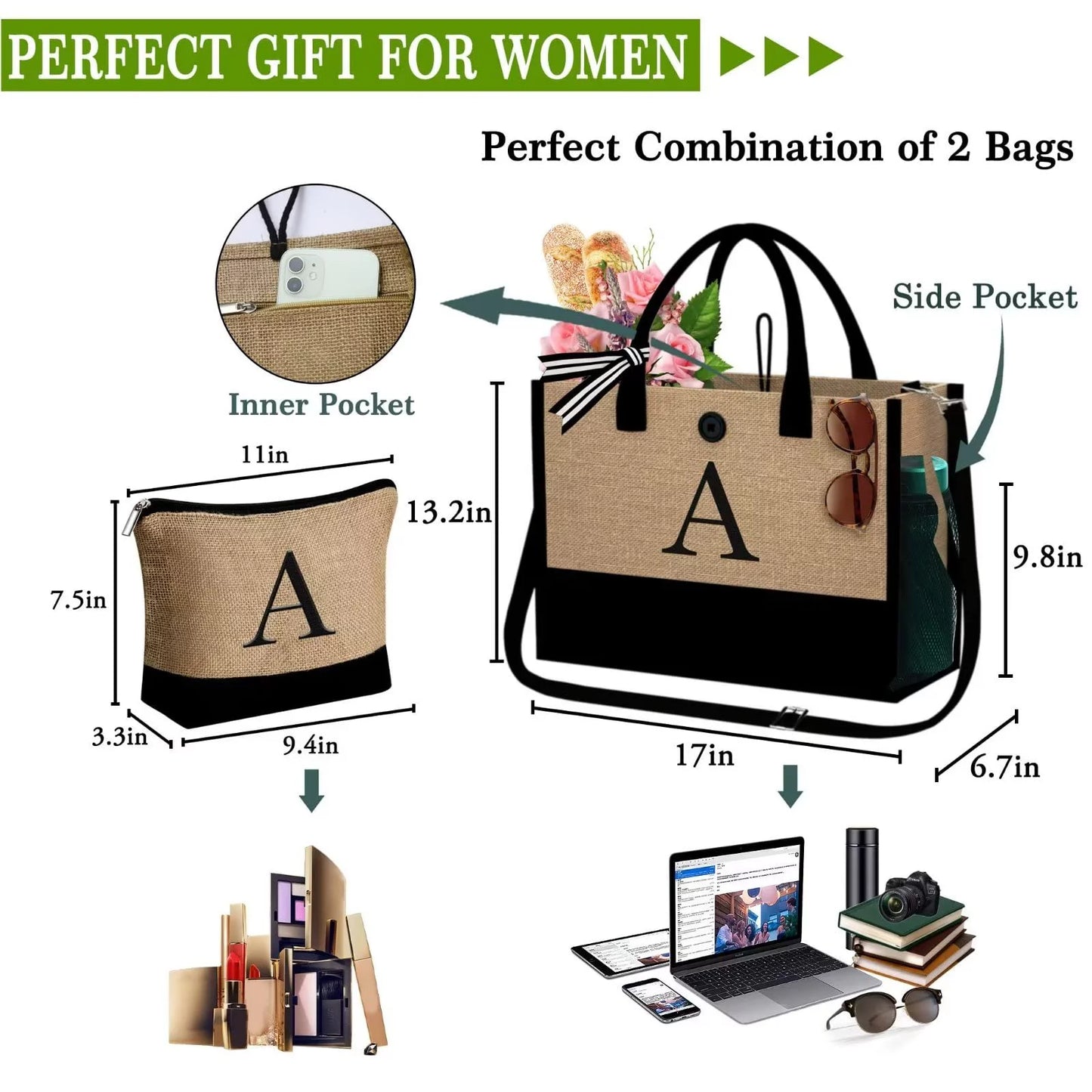 Initial Jute Tote Bag with Makeup Bag Beach Bag with Pockets Adjustable Strap Mothers Day Birthday Gifts for Her