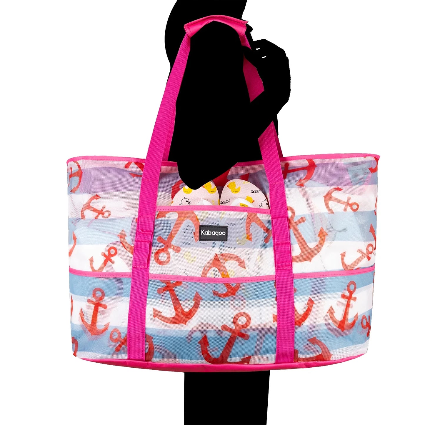 Women Extra Large Beach Bag Anchor Shop Grocery Bag Picnic Mesh Tote Bag with Zip and Pocket