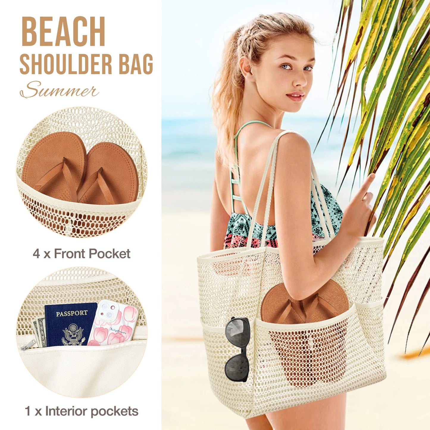 Mesh Beach Bag for Women, Beach Tote Large Foldable Mesh Swim Bag with Pockets | Sandproof | Waterproof | Beige