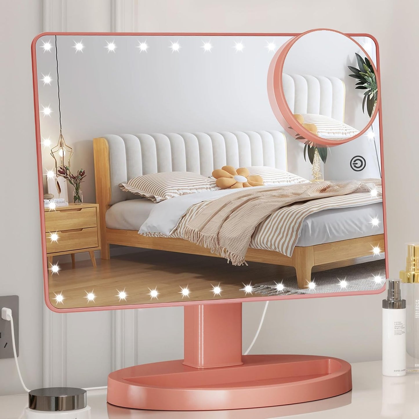 Large Lighted Makeup Mirror with Lights, Light up Mirror with Small 10X Magnification for Desk, 360°Rotation Touch Screen,Brightness Adjustable Tabletop Cosmetic Vanity Make up Mirror