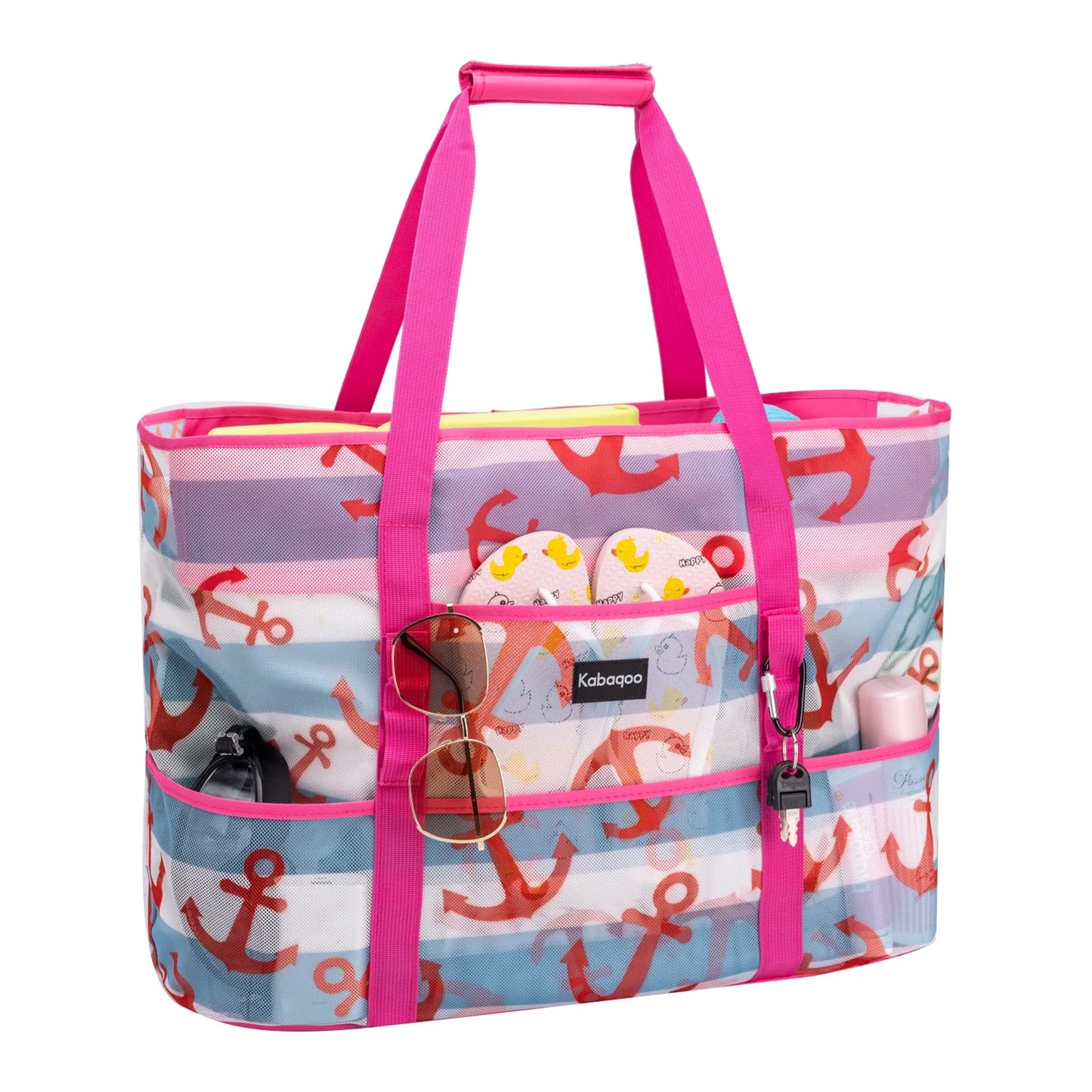 Women Extra Large Beach Bag Anchor Shop Grocery Bag Picnic Mesh Tote Bag with Zip and Pocket