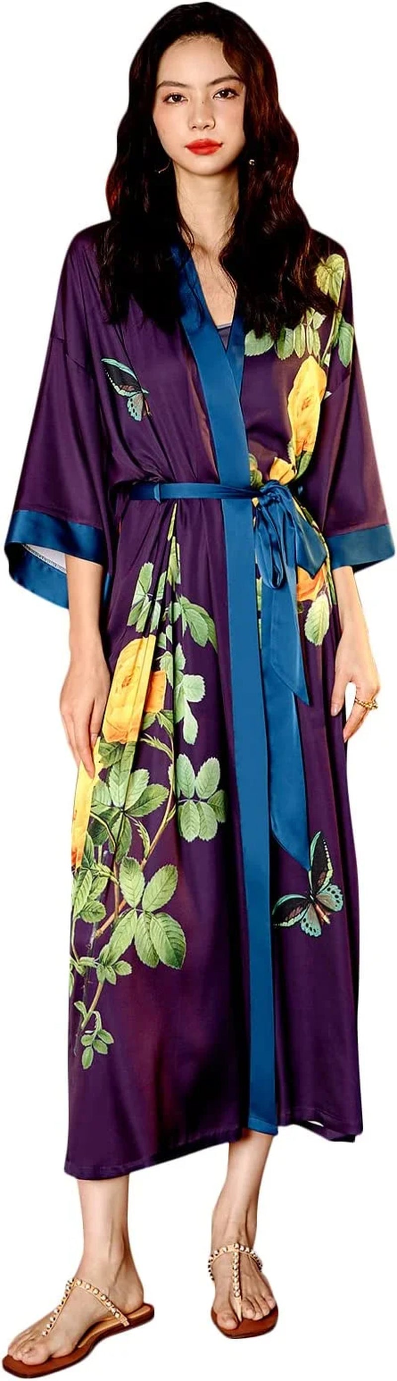 Long Silk Kimono Robes Lightweight Silky Satin Floral