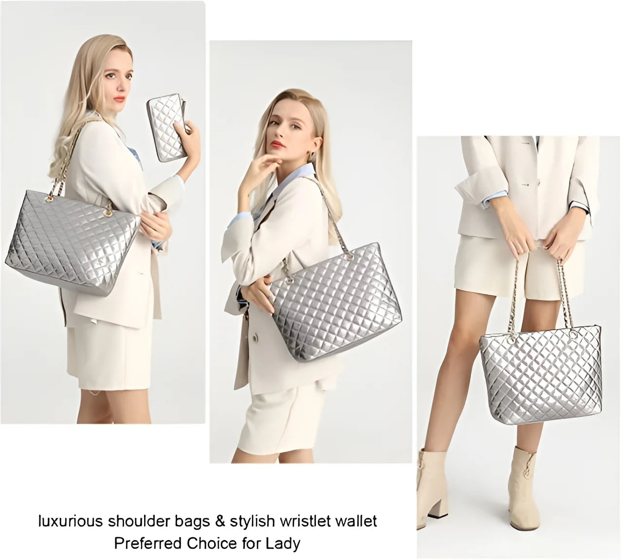 Quilted Leather Tote Bag Satchel Wallet Set 2Pcs Chain Strap Shoulder Bag