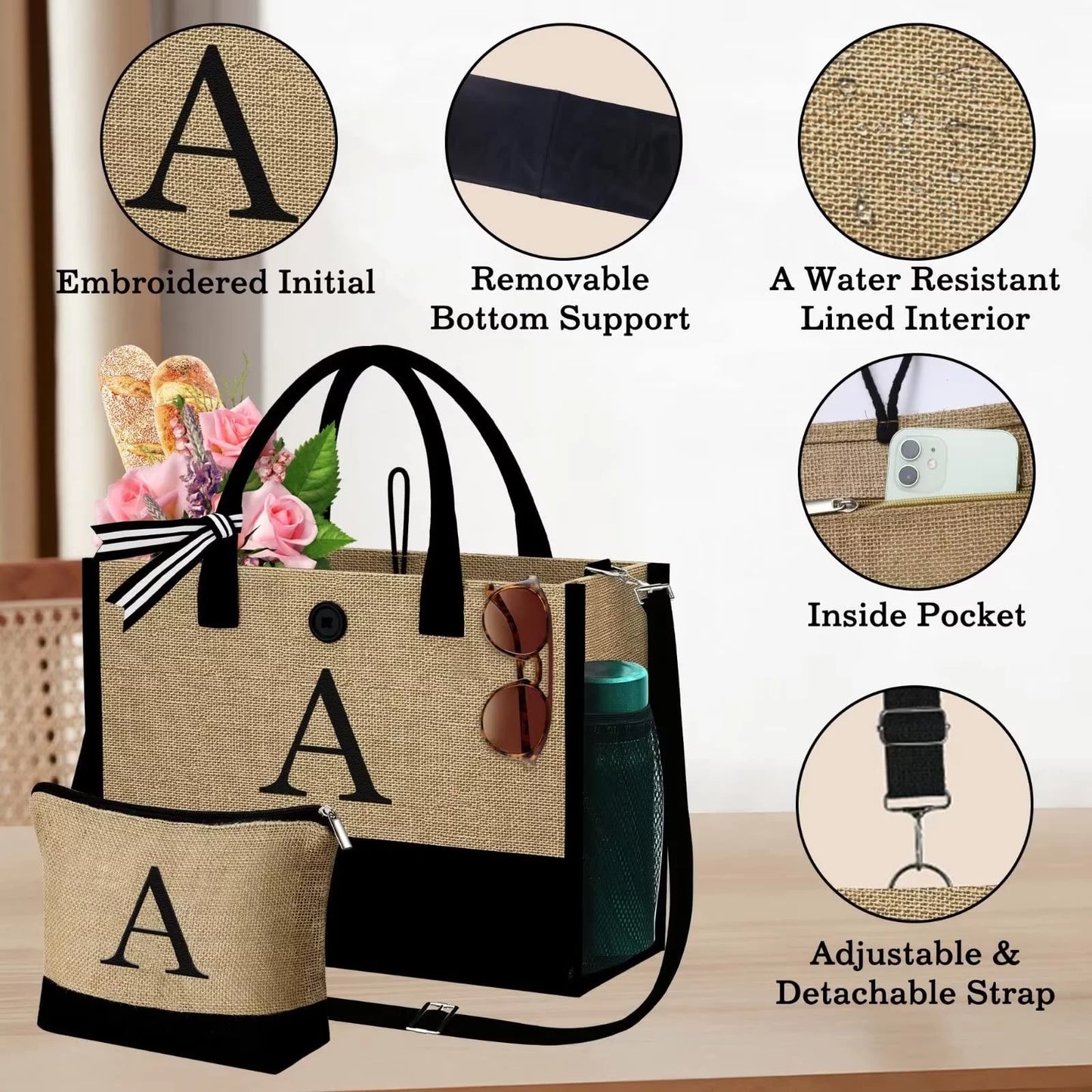 Initial Jute Tote Bag with Makeup Bag Beach Bag with Pockets Adjustable Strap Mothers Day Birthday Gifts for Her