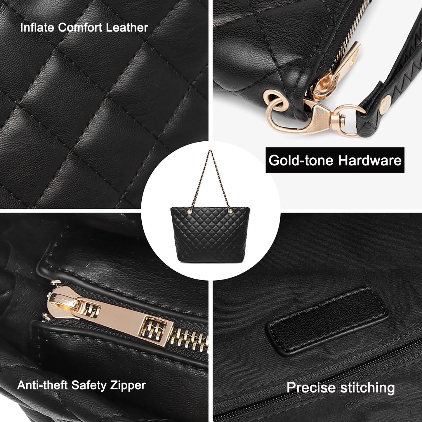 Quilted Leather Tote Bag Satchel Wallet Set 2Pcs Chain Strap Shoulder Bag