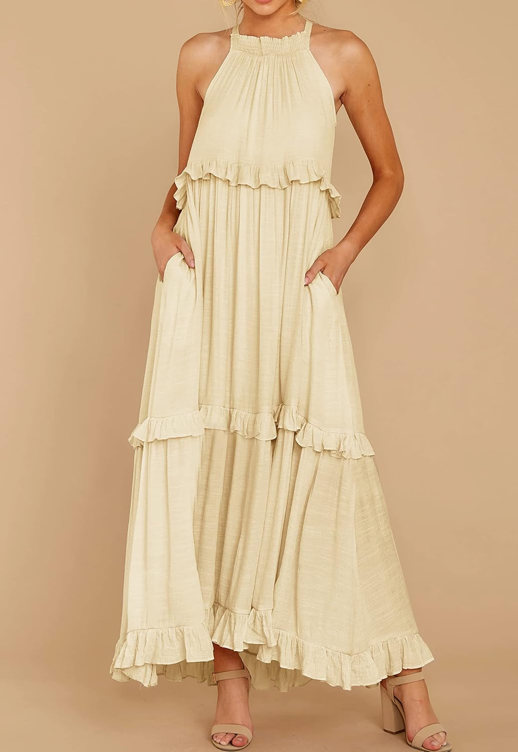 Cotton Sleeveless Halter Boho Maxi Dress